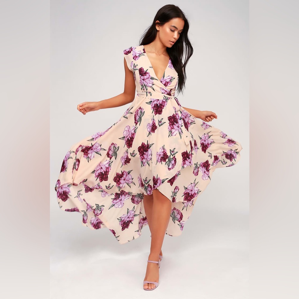 Lulu’s French Countryside Blush Floral Print High-Low Dress